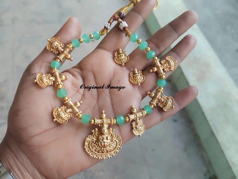 Traditional Green Lakshmi Necklace Set with Earrings