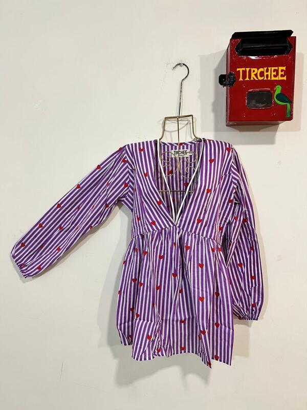 Leela's Fit & Flare Tie Top - Purple & White Stripes with Hearts