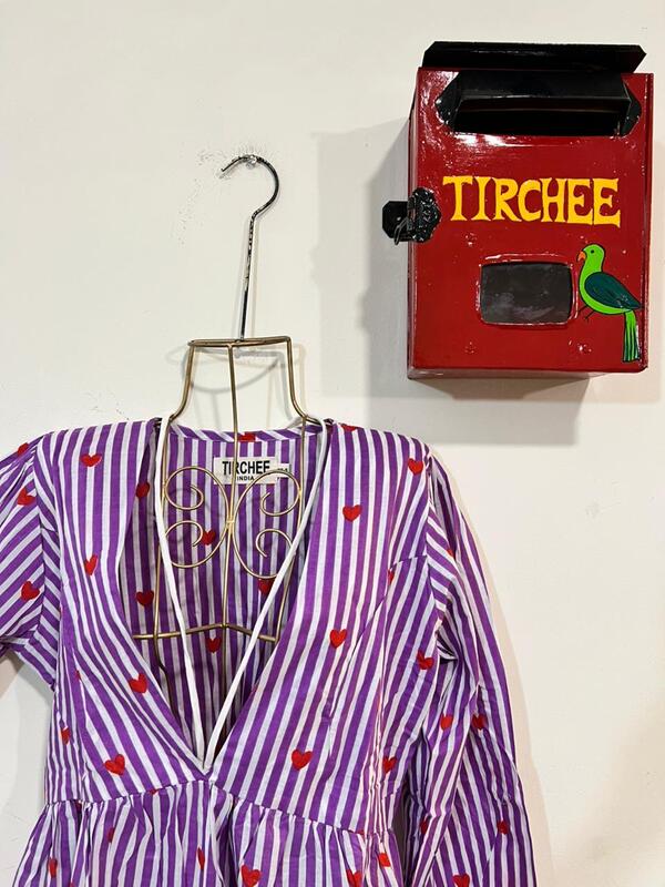 Leela's Fit & Flare Tie Top - Purple & White Stripes with Hearts