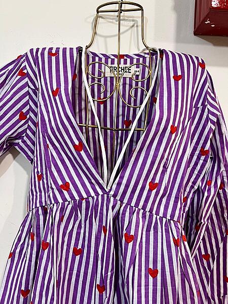 Leela's Fit & Flare Tie Top - Purple & White Stripes with Hearts
