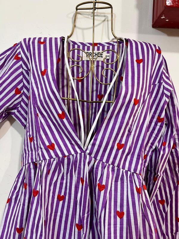 Leela's Fit & Flare Tie Top - Purple & White Stripes with Hearts