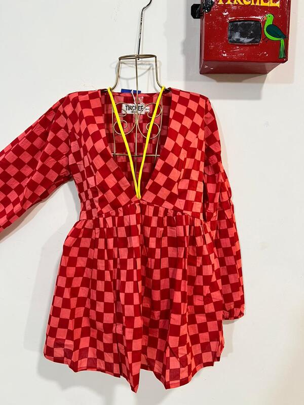 Leela's Fit & Flare Tie Top - Red and Peach Checks