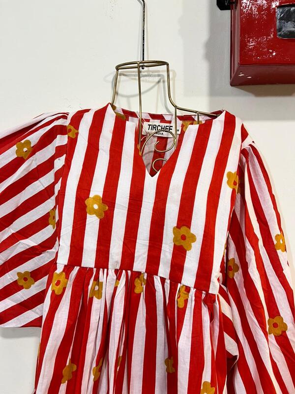 Dilruba's Balloon Sleeve Peplum Top - Red & White Stripes with Flowers