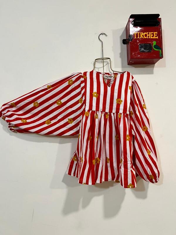 Dilruba's Balloon Sleeve Peplum Top - Red & White Stripes with Flowers