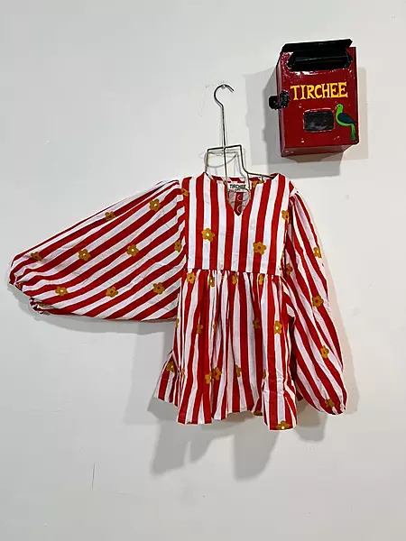 Dilruba's Balloon Sleeve Peplum Top - Red & White Stripes with Flowers