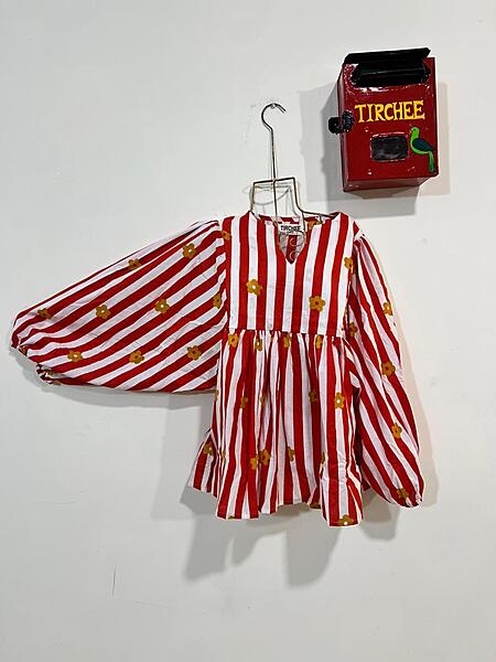 Dilruba's Balloon Sleeve Peplum Top - Red & White Stripes with Flowers