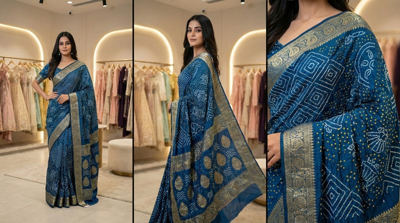 Kala Sanskruti All Over Indigo Color Pure Gaji Silk Bandhani Saree 6.5M with Blouse Piece Elegant Traditional Wear Saree for Women