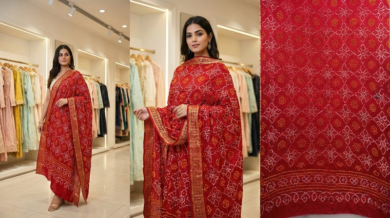 Kala Sanskruti All Over Red Color Gaji Silk Bandhani Dupatta 2.5M Elegant Traditional Wear Gaji Dupatta for Women