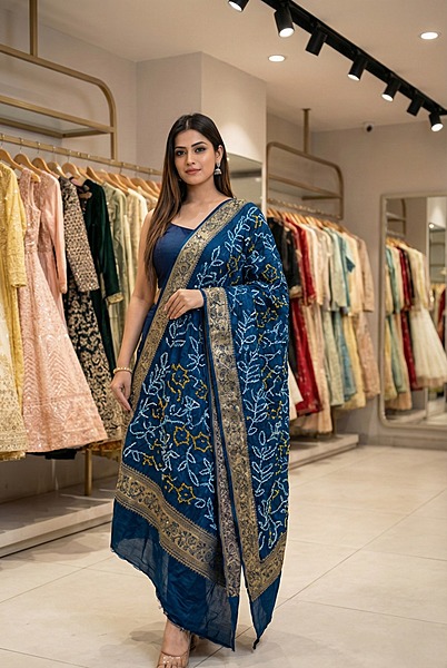 Kala Sanskruti All Over Indigo Color Gaji Silk Bandhani Dupatta 2.5M Elegant Traditional Wear Gaji Dupatta for Women