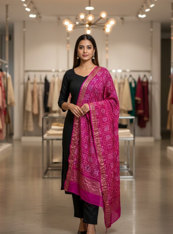 Kala Sanskruti All Over Pink Color Gaji Silk Bandhani Dupatta 2.5M Elegant Traditional Wear Gaji Dupatta for Women