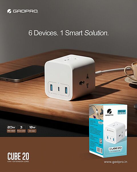 EXTENSION CORD 6 IN 1 (3 SKT + 2 USB + 1 TYPE C) CUBE-20