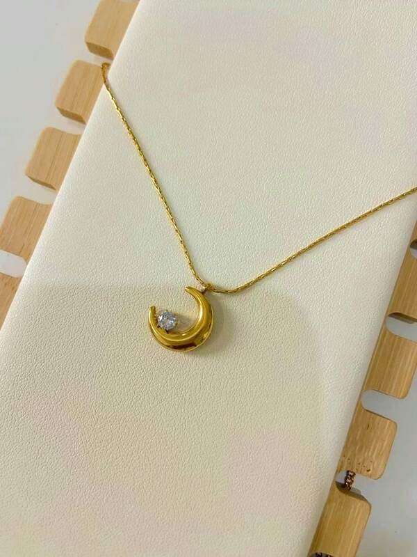 Gold Crescent Moon Necklace with Zirconia