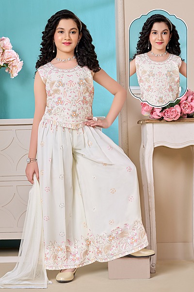 Elegant Floral Embroidered Girls’ Ethnic Dress Set