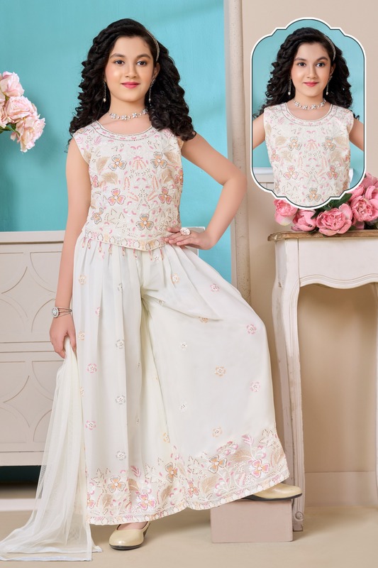 Elegant Floral Embroidered Girls’ Ethnic Dress Set