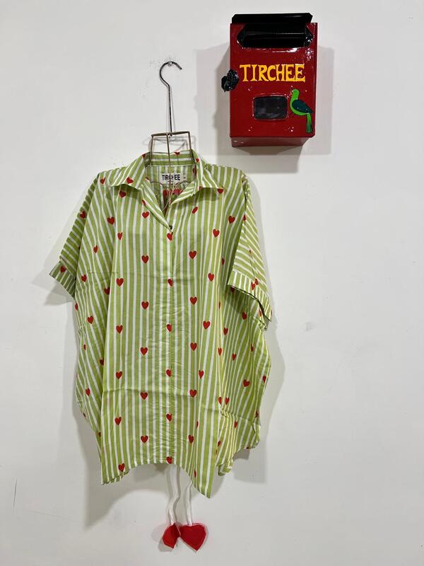 Ishq's Small Anti-fit with Back Open & Tie - White & Green Stripes with Hearts