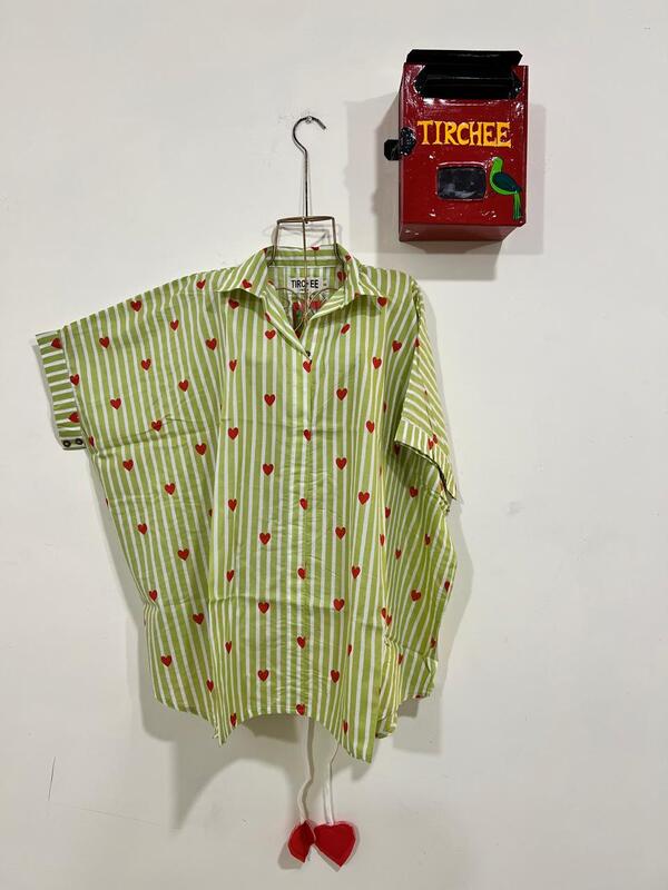 Ishq's Small Anti-fit with Back Open & Tie - White & Green Stripes with Hearts