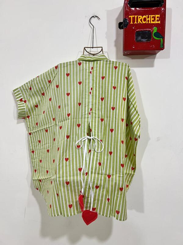 Ishq's Small Anti-fit with Back Open & Tie - White & Green Stripes with Hearts