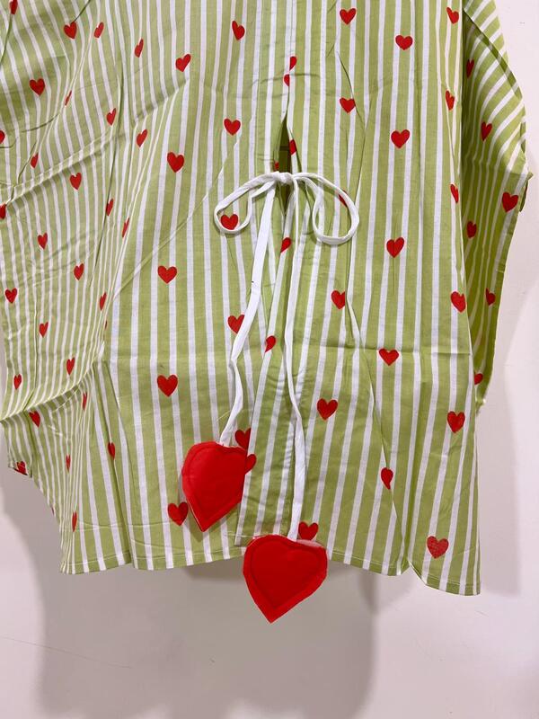 Ishq's Small Anti-fit with Back Open & Tie - White & Green Stripes with Hearts