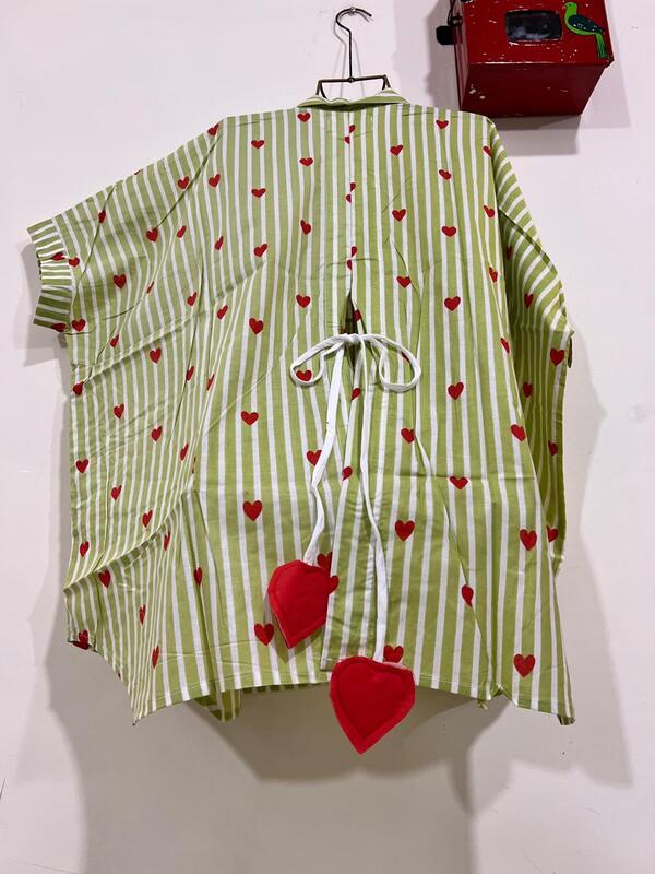Ishq's Small Anti-fit with Back Open & Tie - White & Green Stripes with Hearts