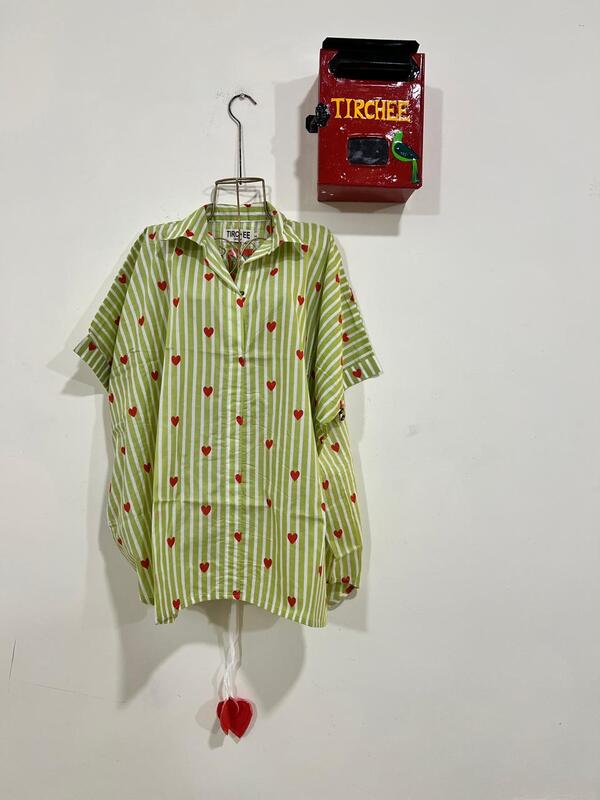 Ishq's Small Anti-fit with Back Open & Tie - White & Green Stripes with Hearts