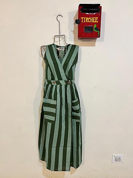Diya's Sleeve-Less Wrap Dress - Green & Green Stripes