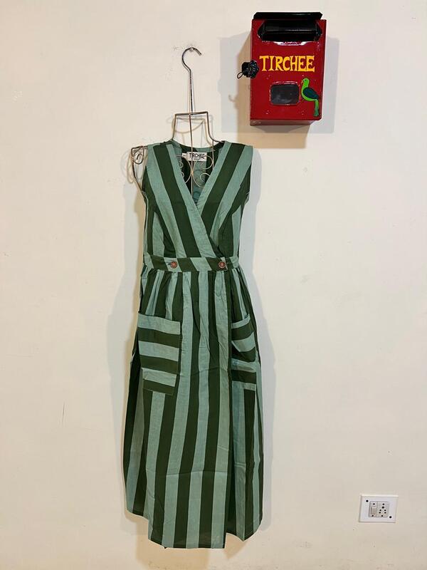 Diya's Sleeve-Less Wrap Dress - Green & Green Stripes