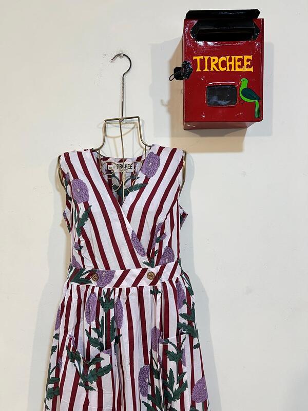 Diya's Sleeve-Less Wrap Dress - White & Maroon Stripes with Flowers