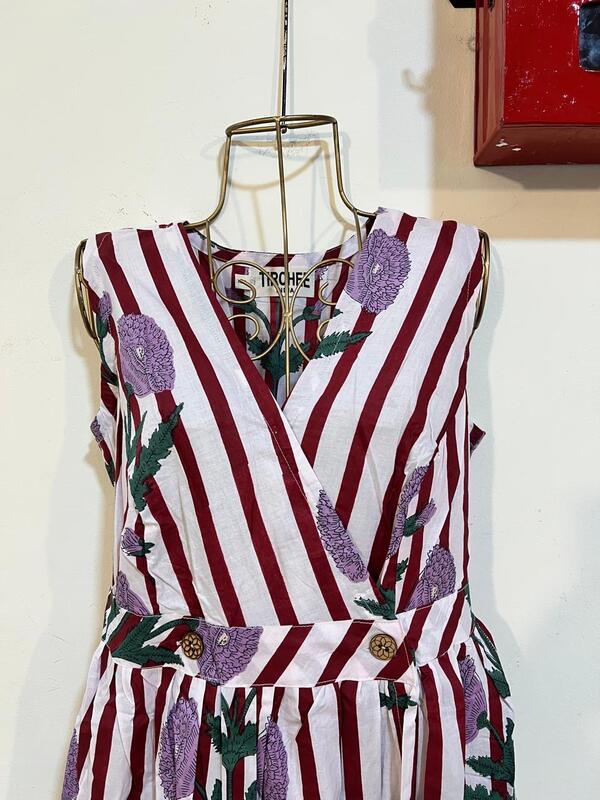 Diya's Sleeve-Less Wrap Dress - White & Maroon Stripes with Flowers