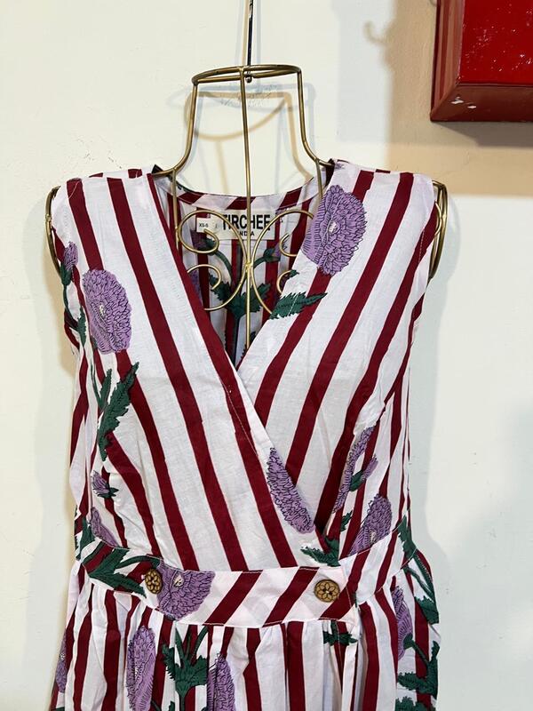 Diya's Sleeve-Less Wrap Dress - White & Maroon Stripes with Flowers