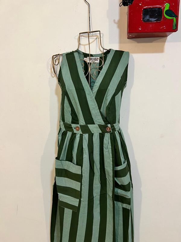 Diya's Sleeve-Less Wrap Dress - Green & Green Stripes