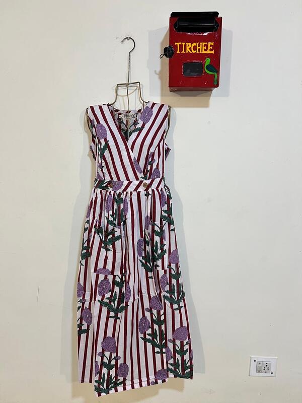 Diya's Sleeve-Less Wrap Dress - White & Maroon Stripes with Flowers