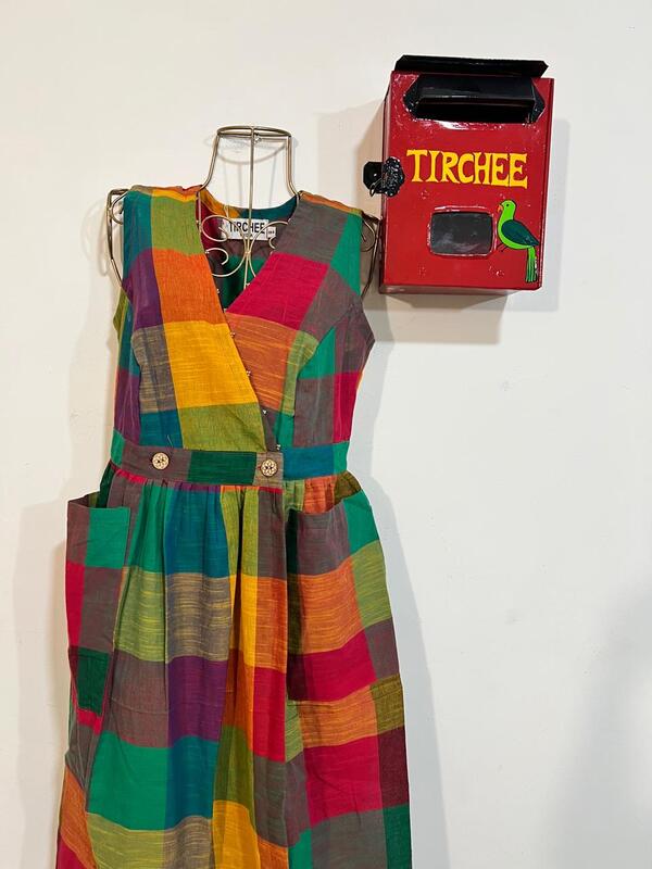 Yamini's Sleeve-Less Wrap Dress - Madras Checks - Green Hues