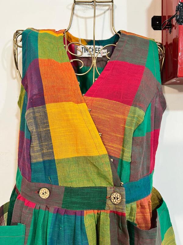 Yamini's Sleeve-Less Wrap Dress - Madras Checks - Green Hues