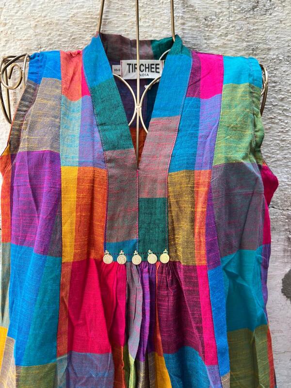 Ambalika's - Sleeve Less Flare Dress - Madras Checks - Yellow Hues