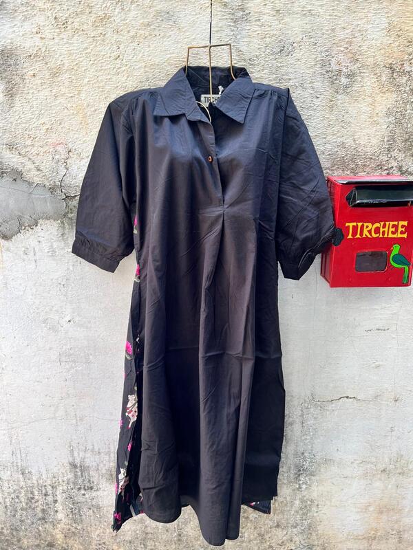 Meera's Flare collared dress - Black & Pichwai Cows