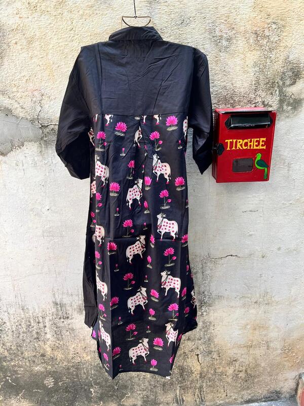 Meera's Flare collared dress - Black & Pichwai Cows