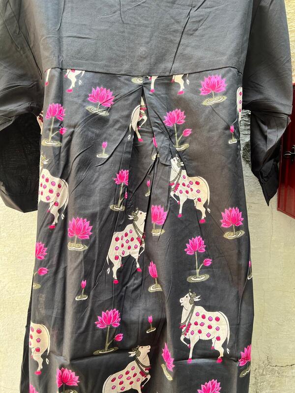 Meera's Flare collared dress - Black & Pichwai Cows