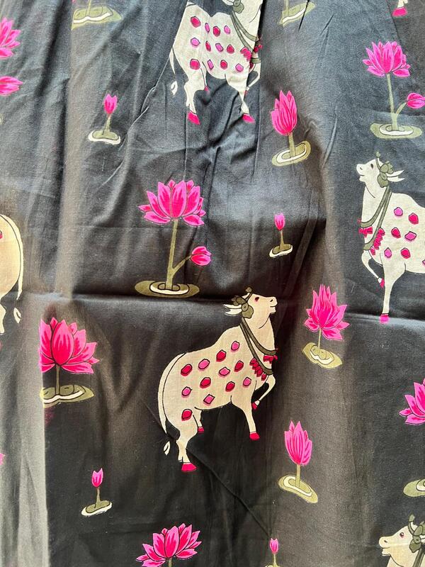 Meera's Flare collared dress - Black & Pichwai Cows