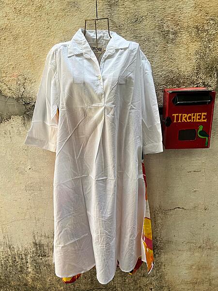 Meera's Flare collared dress - White & Colourful Leaves