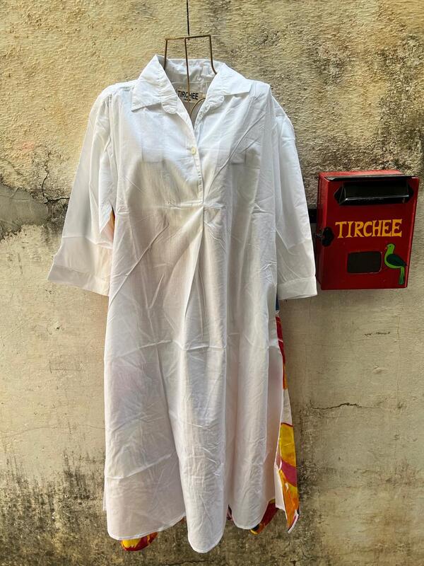 Meera's Flare collared dress - White & Colourful Leaves