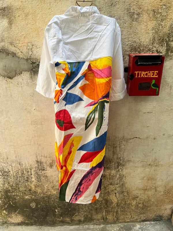 Meera's Flare collared dress - White & Colourful Leaves
