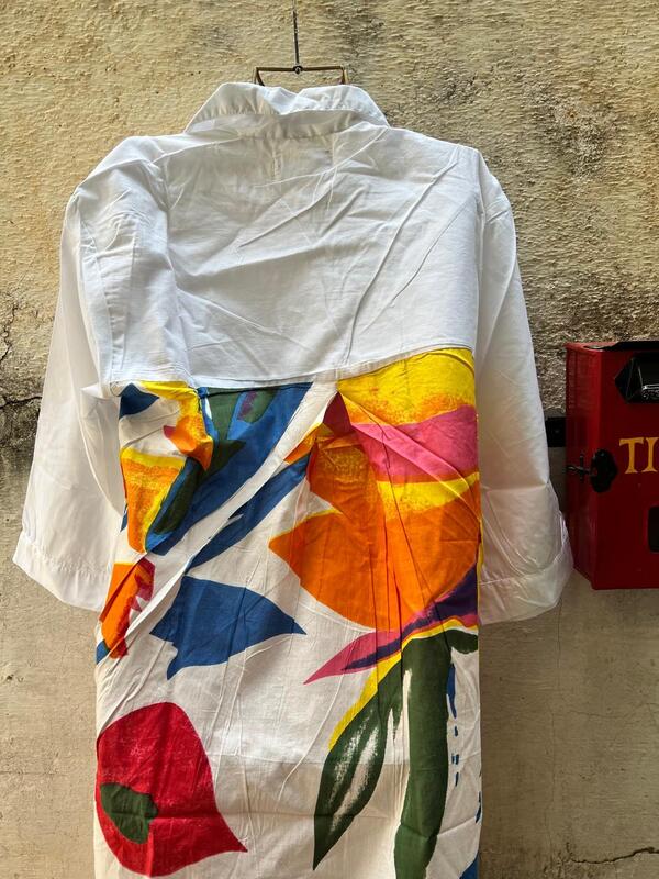 Meera's Flare collared dress - White & Colourful Leaves