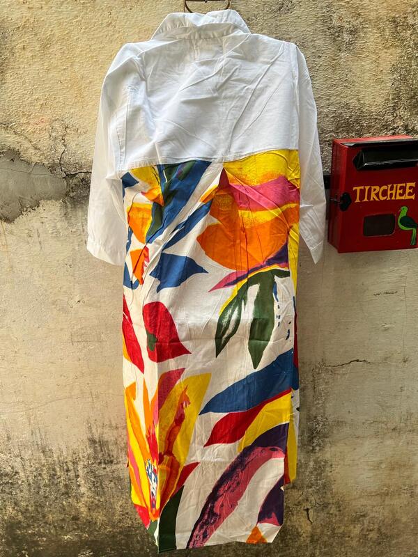 Meera's Flare collared dress - White & Colourful Leaves