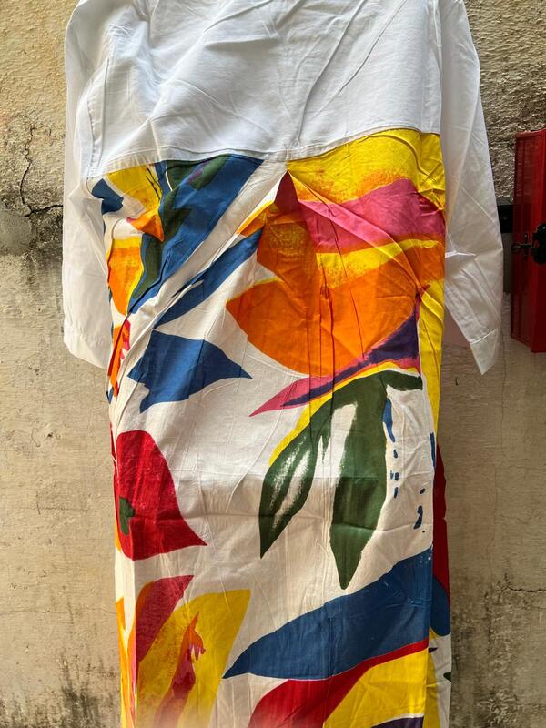 Meera's Flare collared dress - White & Colourful Leaves