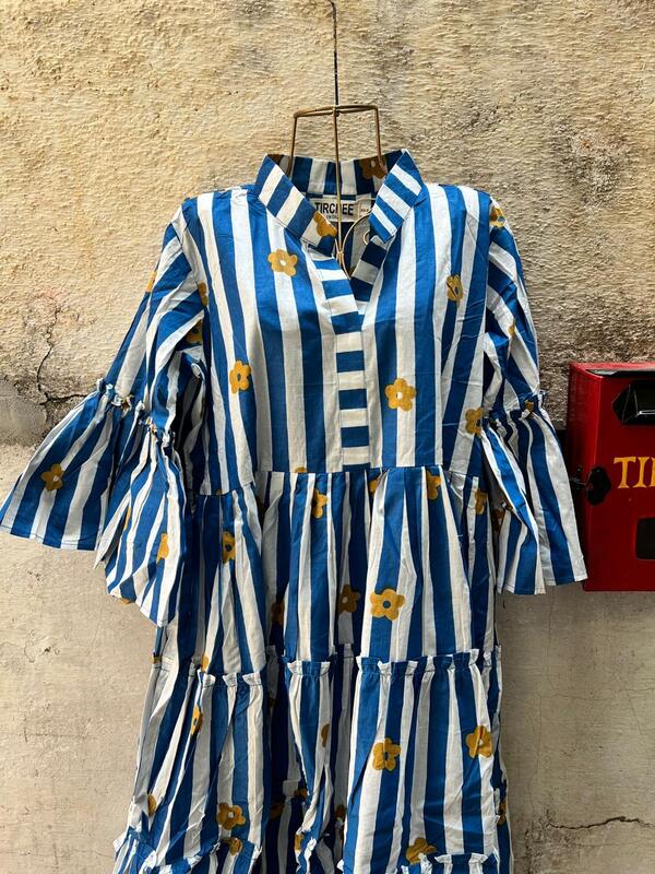 Gauri's Tiered Bell Sleeve Dress - White & Blue Stripes with flowers