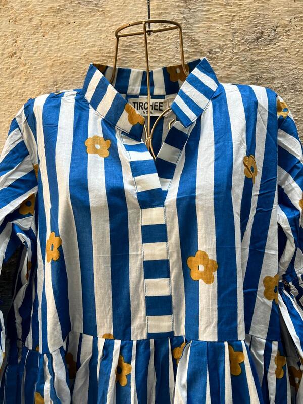 Gauri's Tiered Bell Sleeve Dress - White & Blue Stripes with flowers