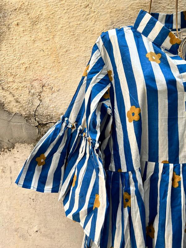 Gauri's Tiered Bell Sleeve Dress - White & Blue Stripes with flowers