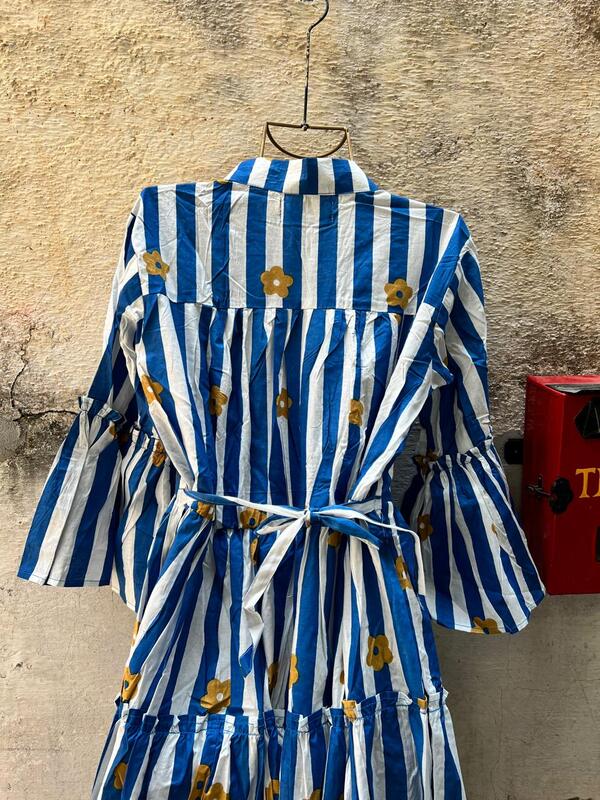 Gauri's Tiered Bell Sleeve Dress - White & Blue Stripes with flowers