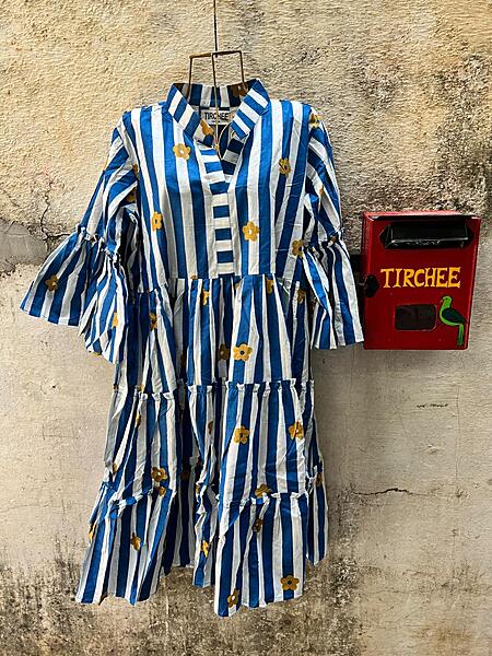 Gauri's Tiered Bell Sleeve Dress - White & Blue Stripes with flowers