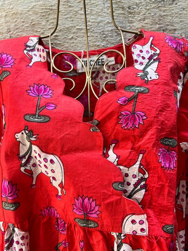 Sitara's Scallop Neck Flare Dress - Orange & Pichwai